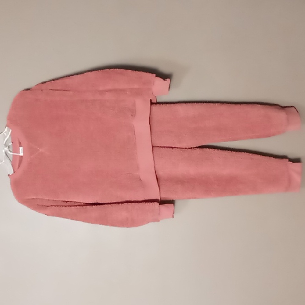 PINK 2 Piece Mauve Fuzzy Polyester Sleepwear Outfit w Pockets M - Picture 1 of 13